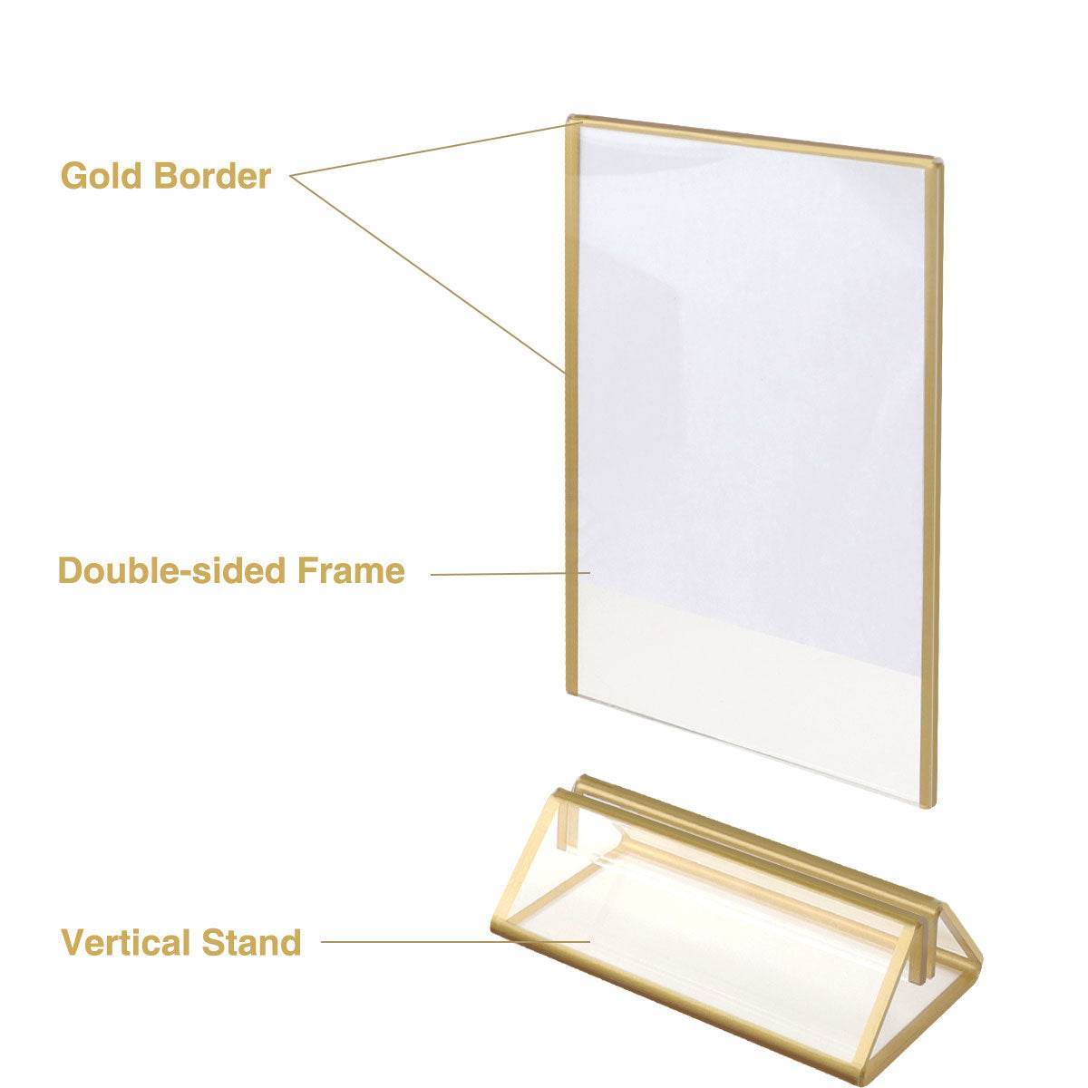 6 Pack 4x6" Clear Acrylic Sign Holder with Gold Borders and Vertical Stand, Double Picture Frames for Wedding - NIUBEE