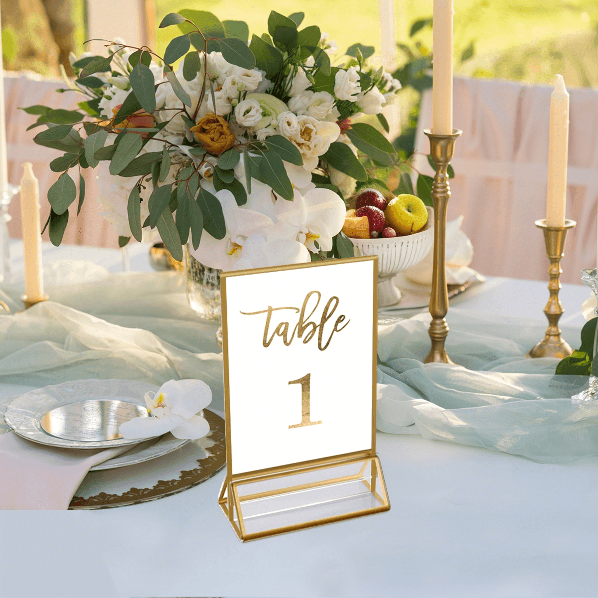 6 Pack 5x7" Clear Acrylic Wedding Table Number Holder Stands with Gold Borders, Double Sided Picture Frames - NIUBEE