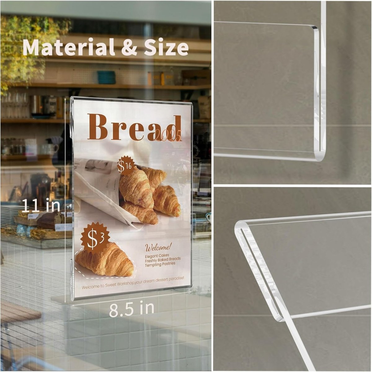 6 Pack 8.5x11" Clear Acrylic Plexi Sign Holders with Double Sided Adhesive Tape, Wall Sign Memo Document Menu Holder - NIUBEE
