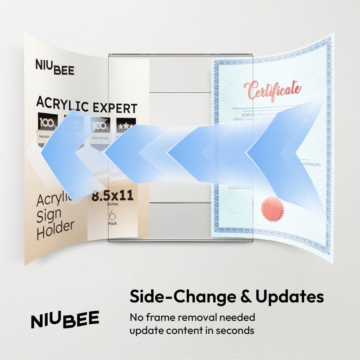 6 Pack 8.5x11" Clear Acrylic Plexi Sign Holders with Double Sided Adhesive Tape, Wall Sign Memo Document Menu Holder - NIUBEE