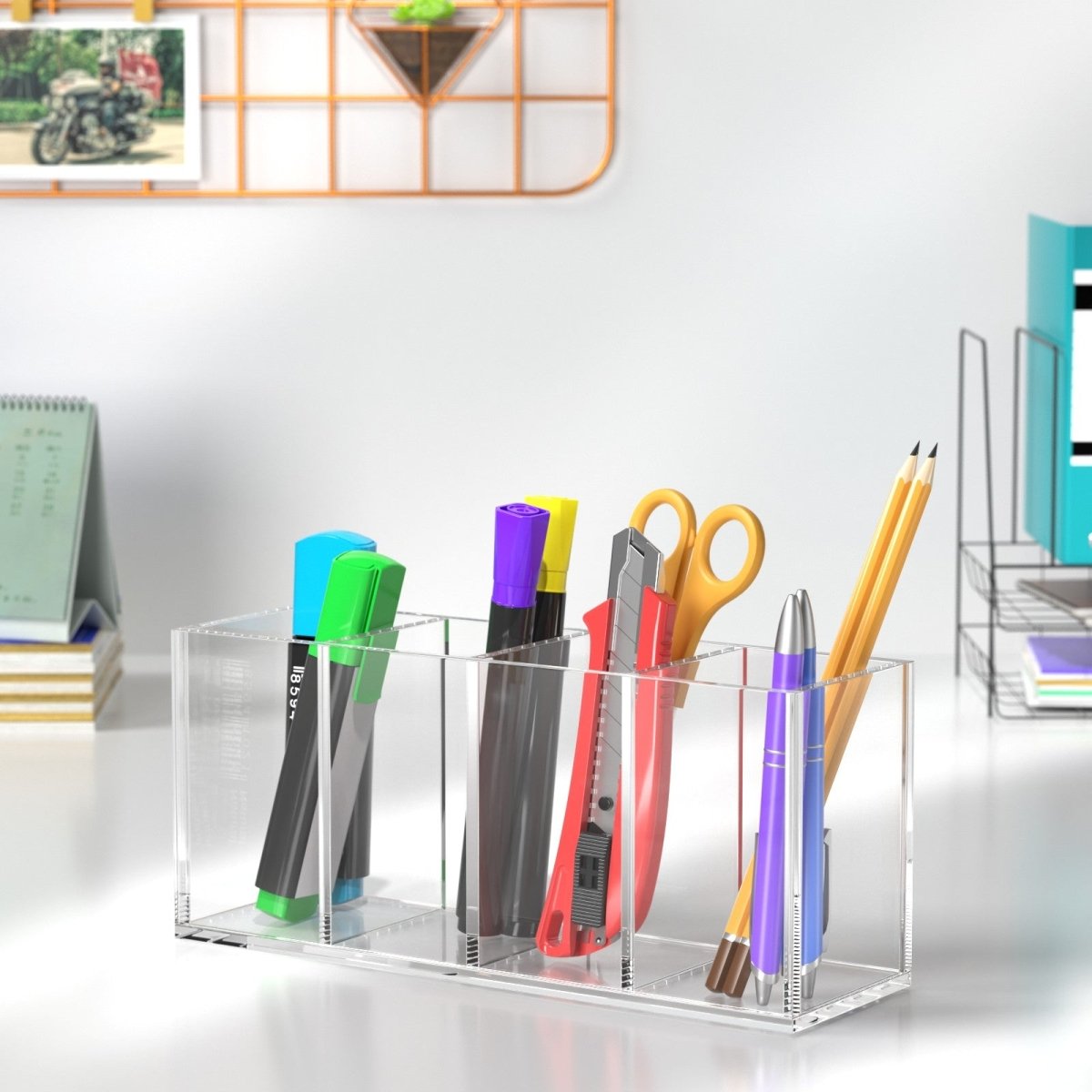 Acrylic Pen Holder 4 Compartments, Clear Pencil Organizer Cup for Countertop Desk Accessory Storage - NIUBEE