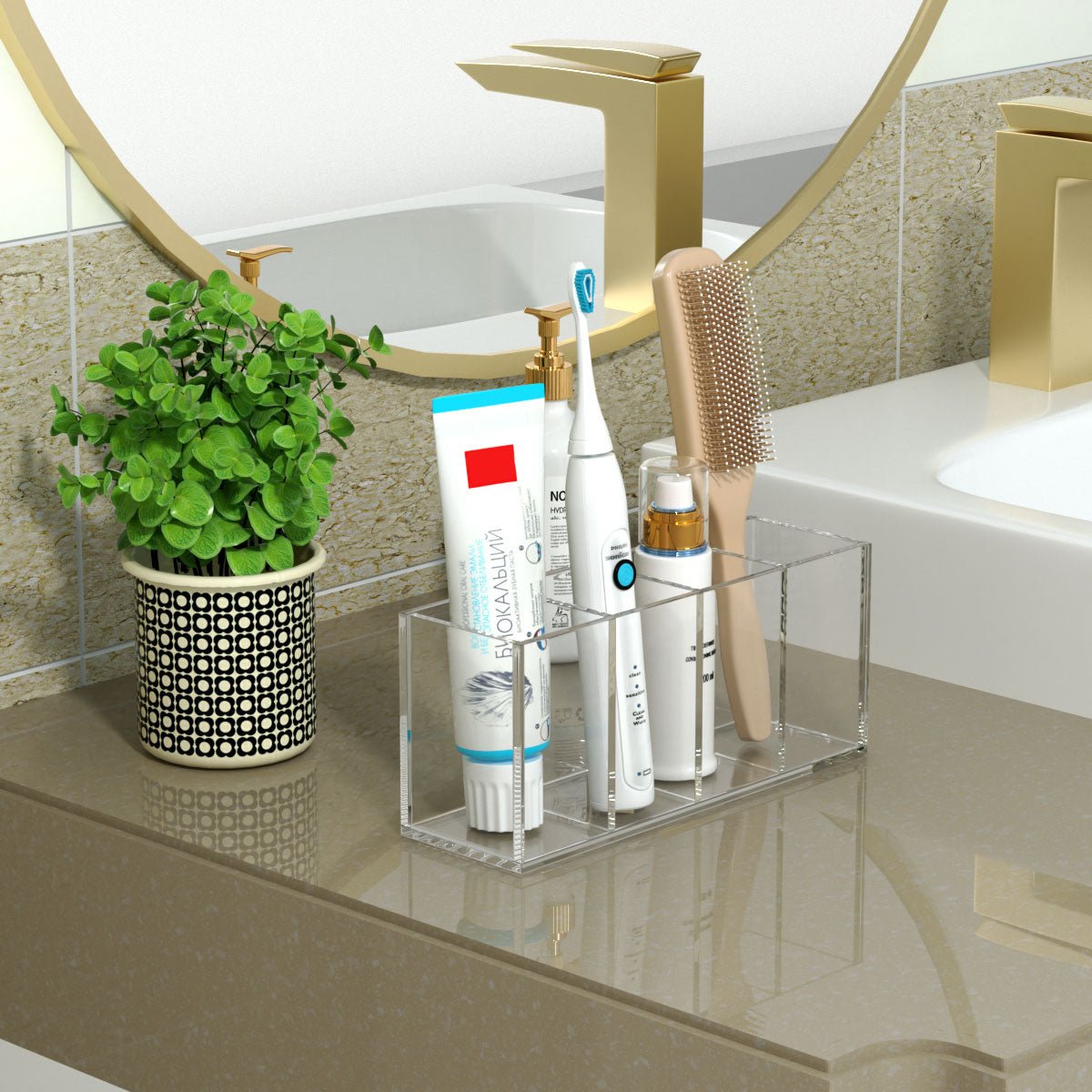 Acrylic Pen Holder 4 Compartments, Clear Pencil Organizer Cup for Countertop Desk Accessory Storage - NIUBEE