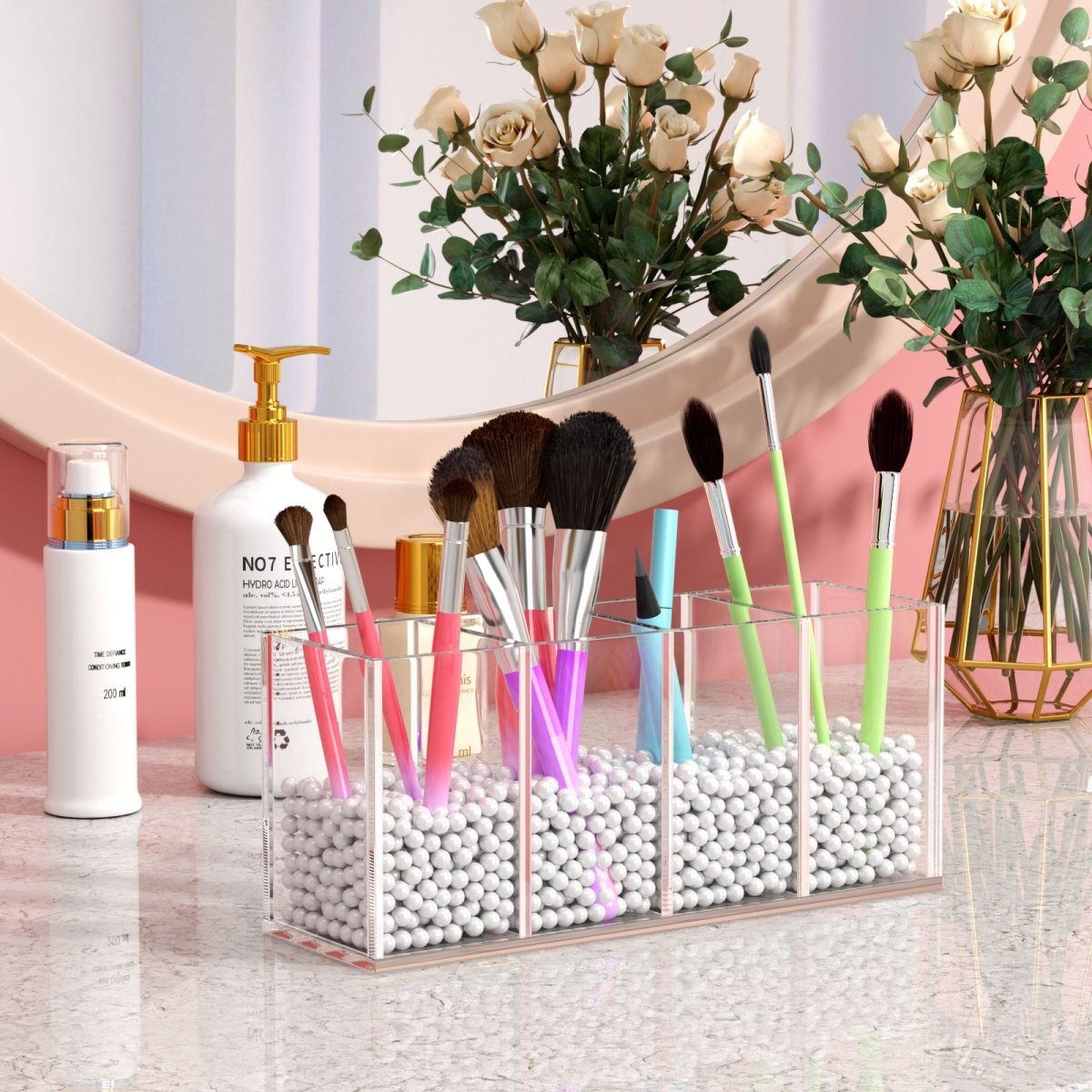 Acrylic Pen Holder 4 Compartments, Clear Pencil Organizer Cup for Countertop Desk Accessory Storage - NIUBEE