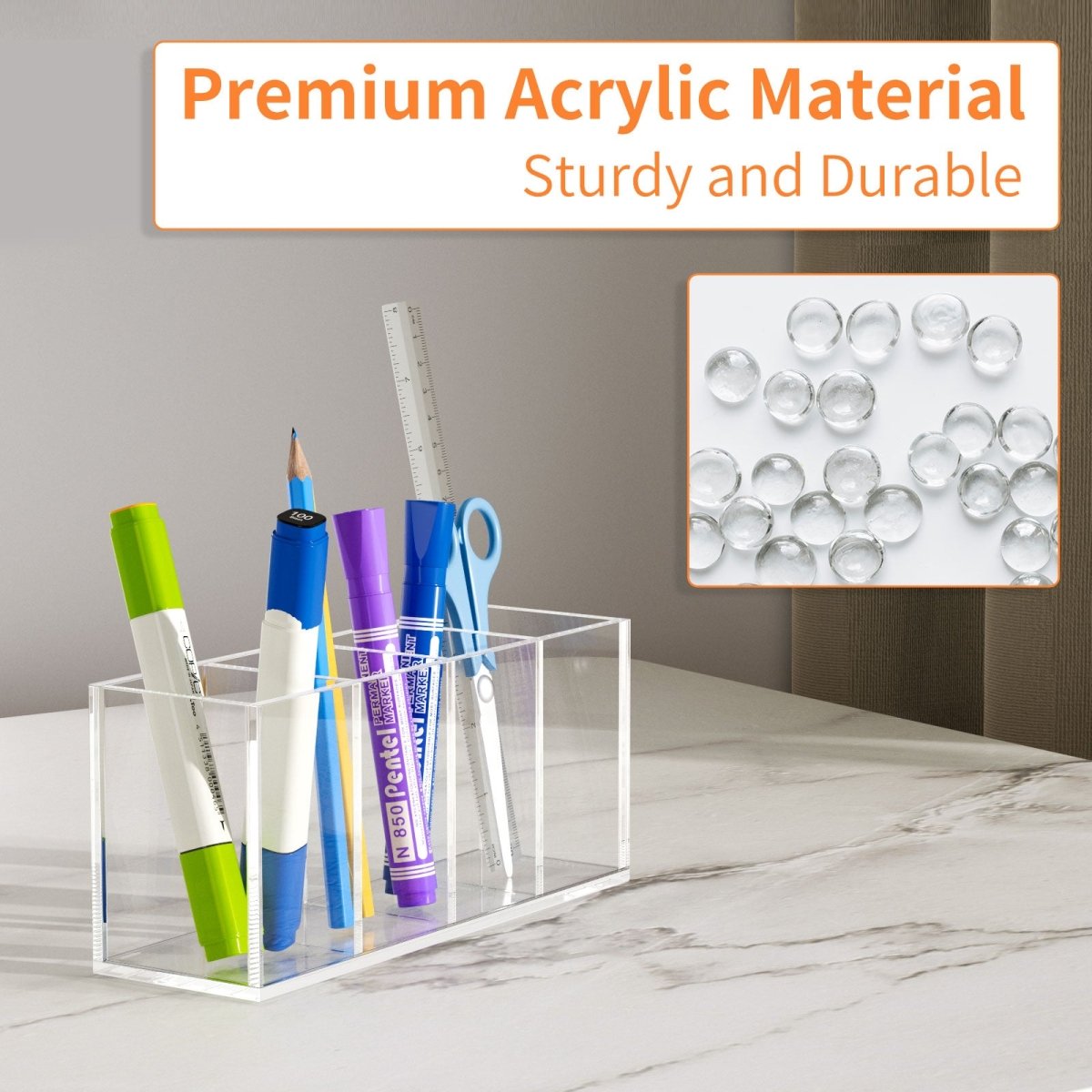 Acrylic Pen Holder 4 Compartments, Clear Pencil Organizer Cup for Countertop Desk Accessory Storage - NIUBEE