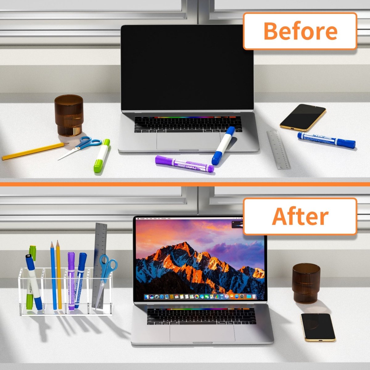 Acrylic Pen Holder 4 Compartments, Clear Pencil Organizer Cup for Countertop Desk Accessory Storage - NIUBEE