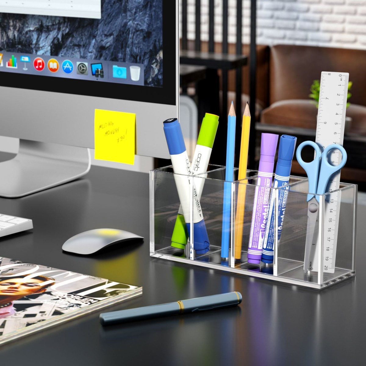 Acrylic Pen Holder 4 Compartments, Clear Pencil Organizer Cup for Countertop Desk Accessory Storage - NIUBEE