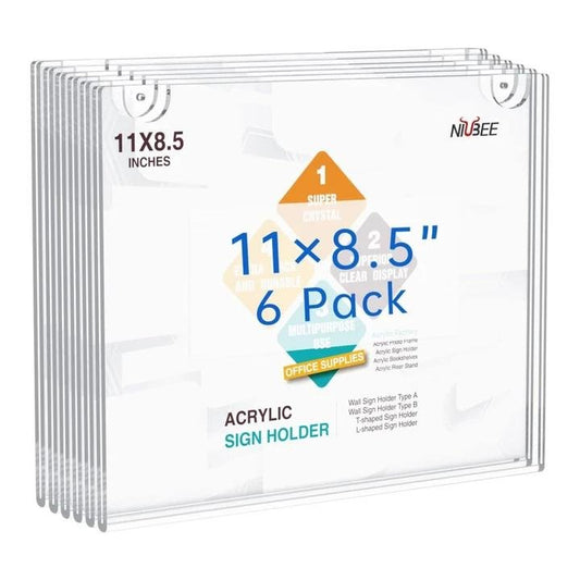 Acrylic Wall Mounted Sign Holder 8.5 x 11 Inches Horizontal 6 Pack, Clear Plastic Picture Frames - NIUBEE