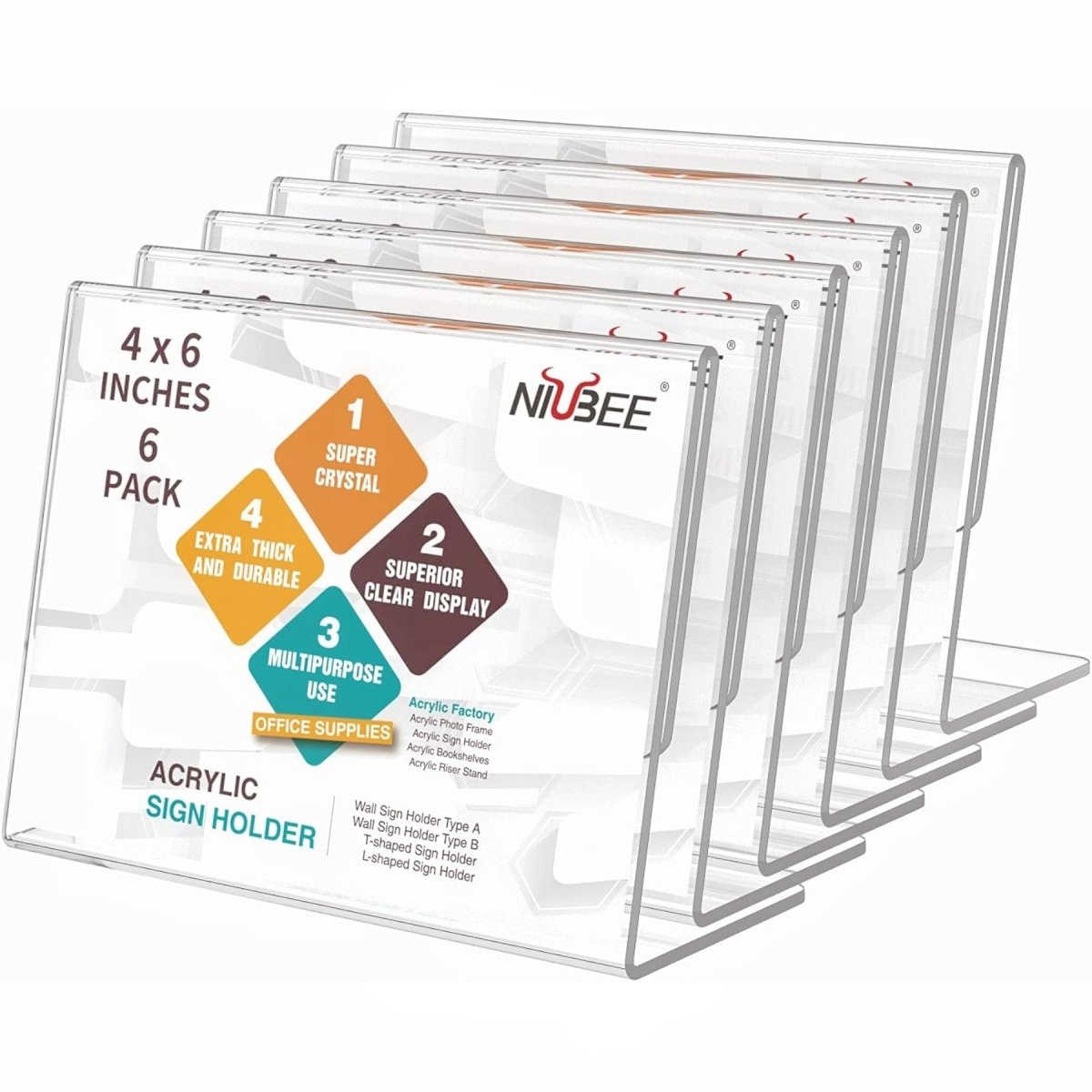 4×6" Acrylic L - Stand Horizontal Sign Holder – 6 Pack - NIUBEE