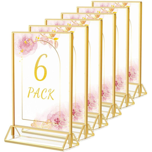 6 Pack 5x7" Clear Acrylic Wedding Table Number Holder Stands with Gold Borders, Double Sided Picture Frames - NIUBEE