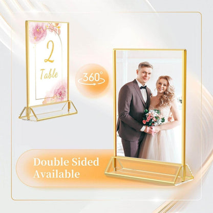 6 Pack 5x7" Clear Acrylic Wedding Table Number Holder Stands with Gold Borders, Double Sided Picture Frames - NIUBEE