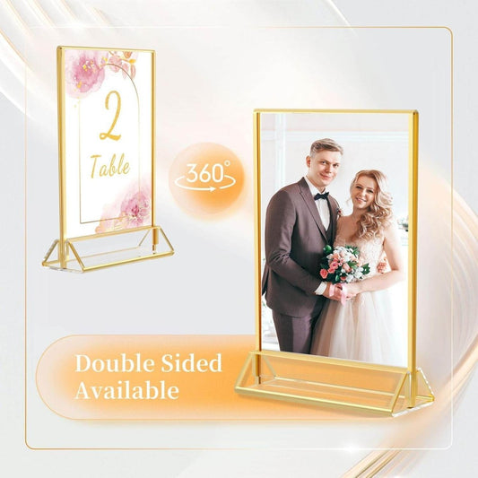 6 Pack 5x7" Clear Acrylic Wedding Table Number Holder Stands with Gold Borders, Double Sided Picture Frames - NIUBEE