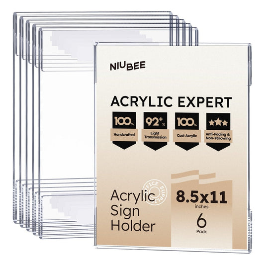 6 Pack 8.5x11" Clear Acrylic Plexi Sign Holders with Double Sided Adhesive Tape, Wall Sign Memo Document Menu Holder - NIUBEE