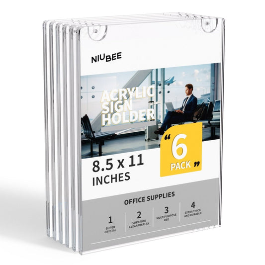 6 Pack Acrylic Wall Sign Holder 8.5x11 Vertical,Wall Mounted Design, Support No Drilling - NIUBEE