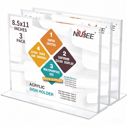 8.5×11" Acrylic T - Stand Horizontal Sign Holder – 3 Pack - NIUBEE