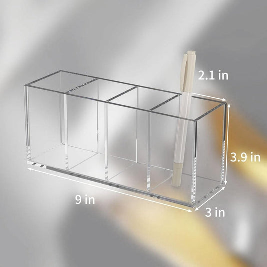 Acrylic Pen Holder 4 Compartments, Clear Pencil Organizer Cup for Countertop Desk Accessory Storage - NIUBEE