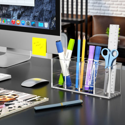 Acrylic Pen Holder 4 Compartments, Clear Pencil Organizer Cup for Countertop Desk Accessory Storage - NIUBEE